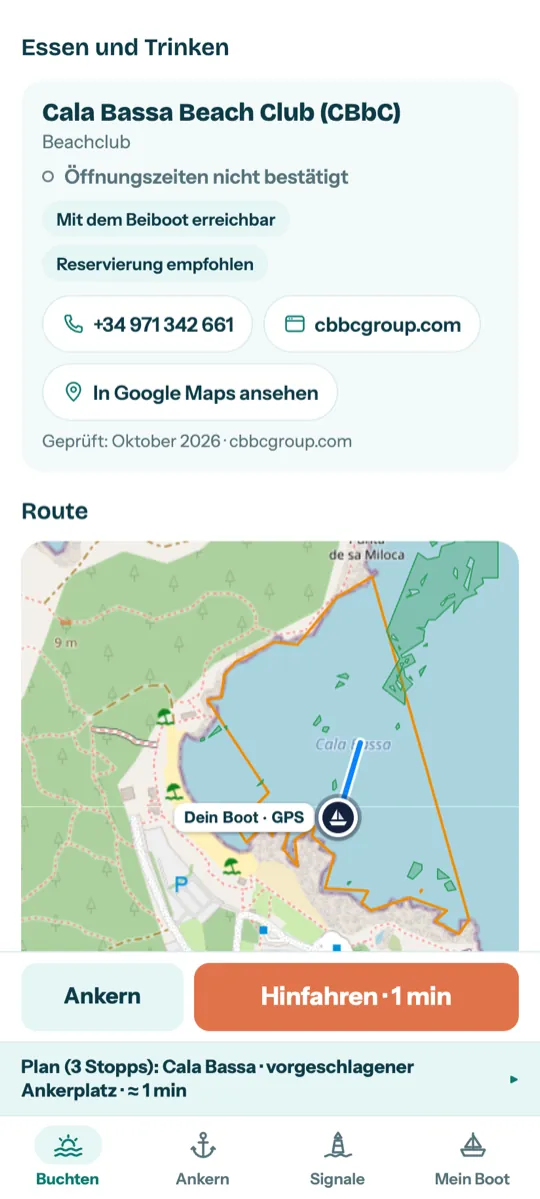 Screenshot von Arena: der Beachclub von Cala Bassa, mit dem Beiboot erreichbar, mit Telefon und Website, und die Route zum Ankerplatz