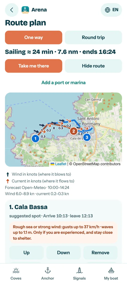 Arena screenshot: a route plan with three stops near Sant Antoni, with wind and current arrows along the route